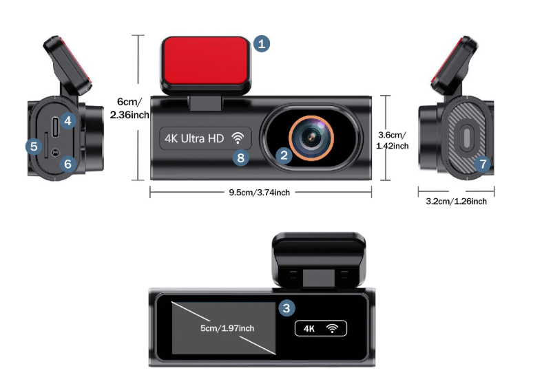 Front + Rear Dashcam DVR Kit (4K + 1080p + WiFi + SD Card Included)