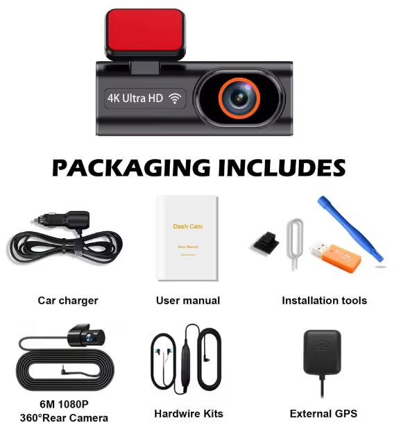 Front + Rear Dashcam DVR Kit (4K + 1080p + WiFi + SD Card Included)