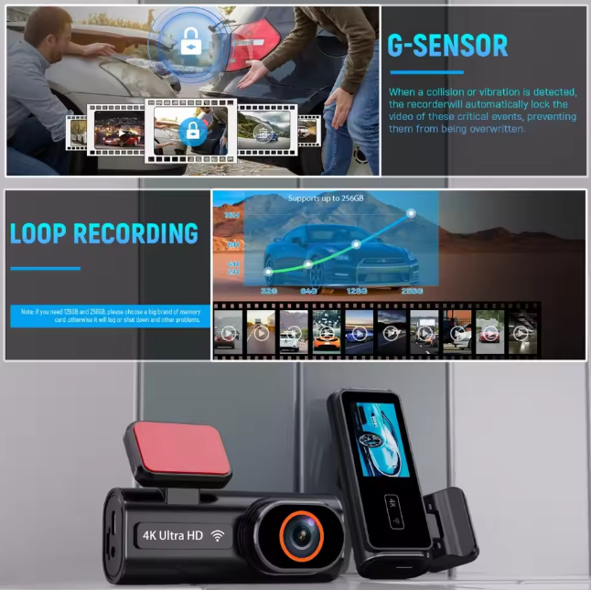 Front + Rear Dashcam DVR Kit (4K + 1080p + WiFi + SD Card Included)
